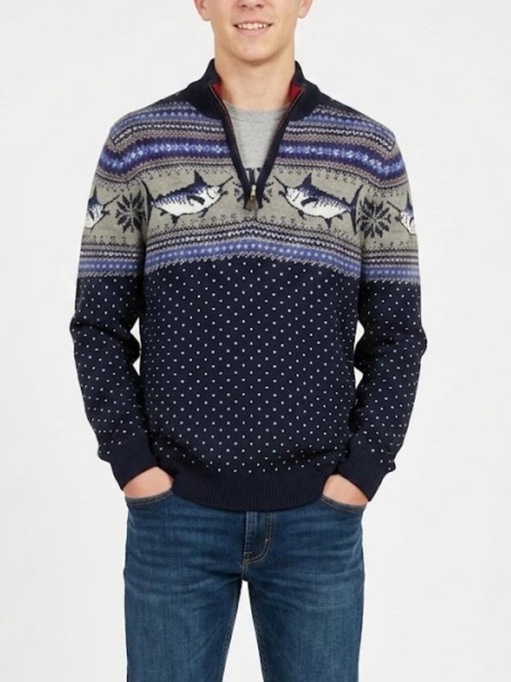 Vineyard Vines Quarter Zip Wool Blend Sweater Fair Isle Navy Size Boy XL 18